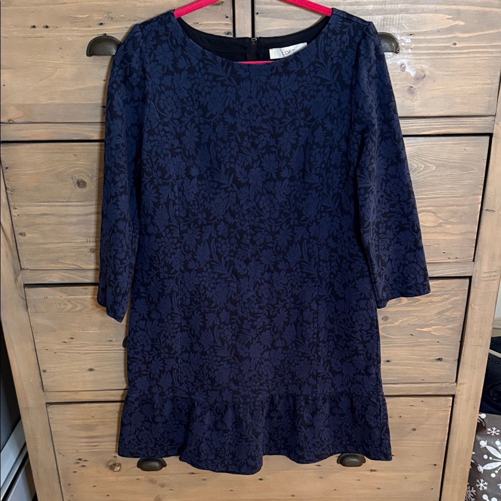 EUC LOFT Blue and Black Floral Pattern Dress sz 14